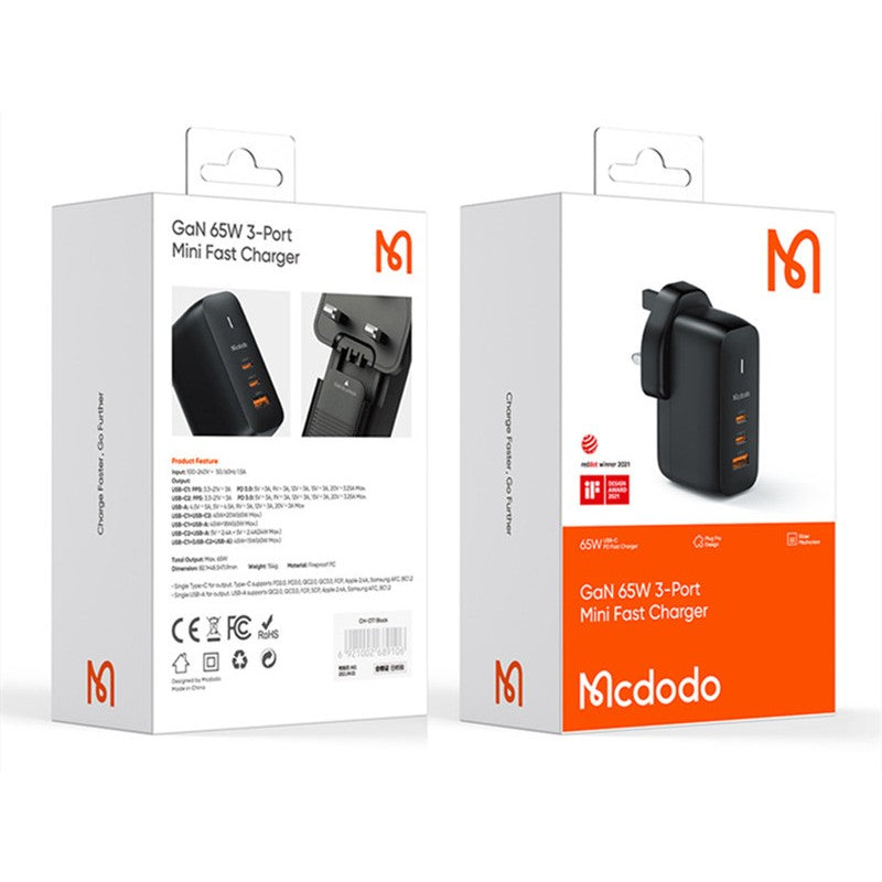 BowLift | 65W Phone Charger with 2 USB-C & 1 USB-A Ports, for Phone & Laptop