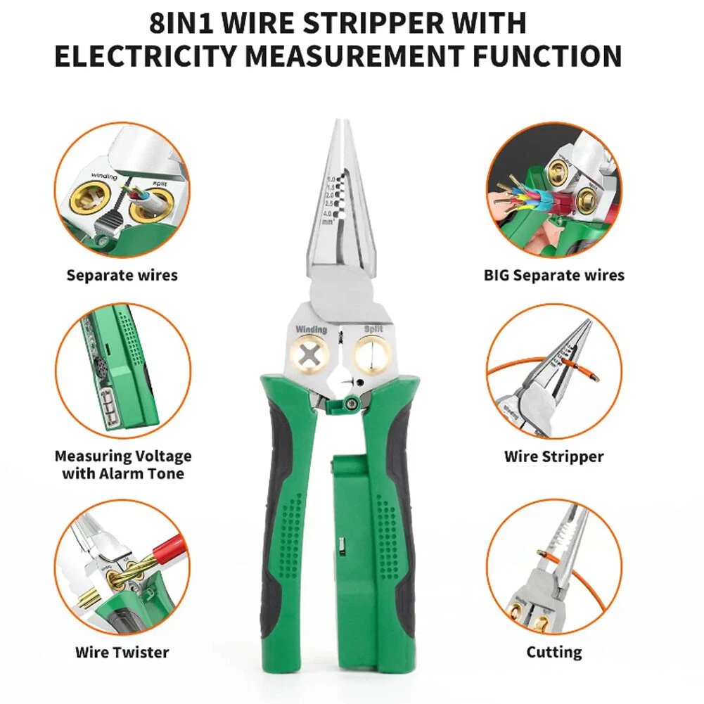 BowLift | 8 in 1 Wire Stripper Twister for Cutting and Pulling Wires, Cable Scissors,Voltage Tester Pliers, 12V to 250V Live