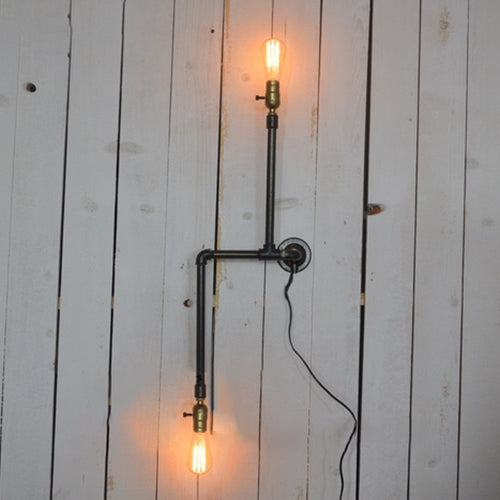 BowLift | Black Finish Piped Wall Lamp Fixture with Open Bulb Farmhouse Wrought Iron 2 Lights Indoor Wall Lamp