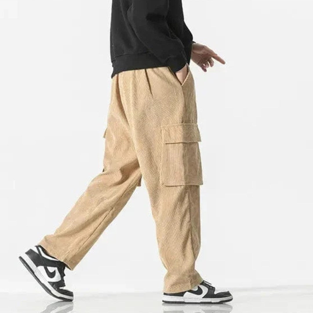 Corduroy Cargo Trousers with Drawstring Waist and Utility Pockets