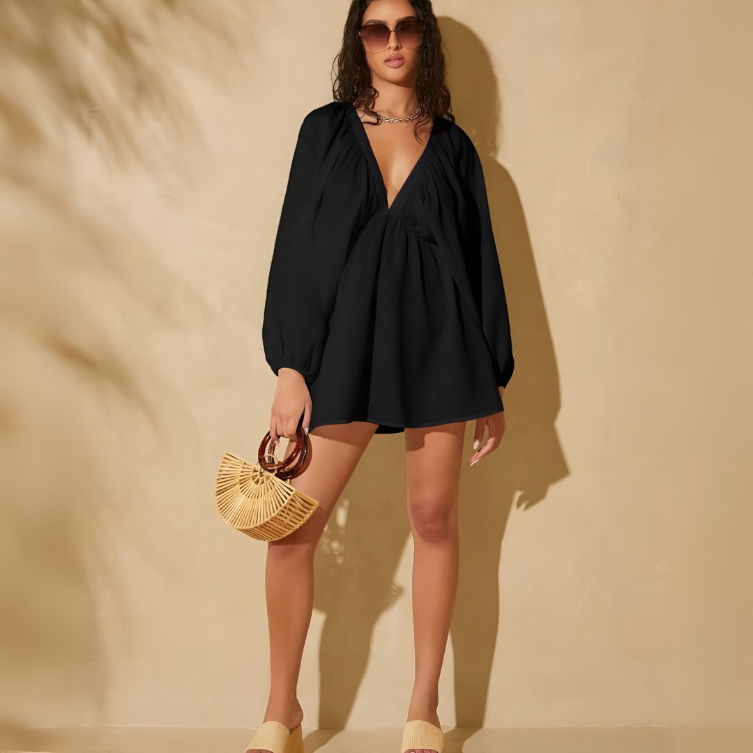 V-Neck Mini Dress with Long Sleeves and Gathered Waist