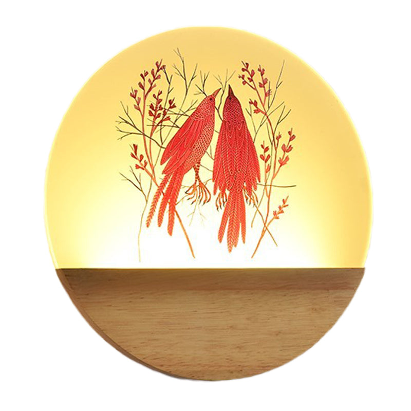 BowLift | LED Bedroom Wall Mounted Wall Lamp Nordic Wood Wall Light with Deer/Bird Pattern Round Acrylic Shade