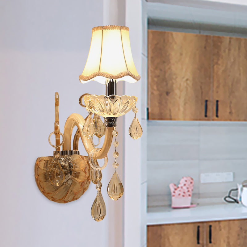 BowLift | Amber Glass Candle Wall Light Traditional 1/2-Bulb Bedroom Wall Light with Waved Fabric Shade