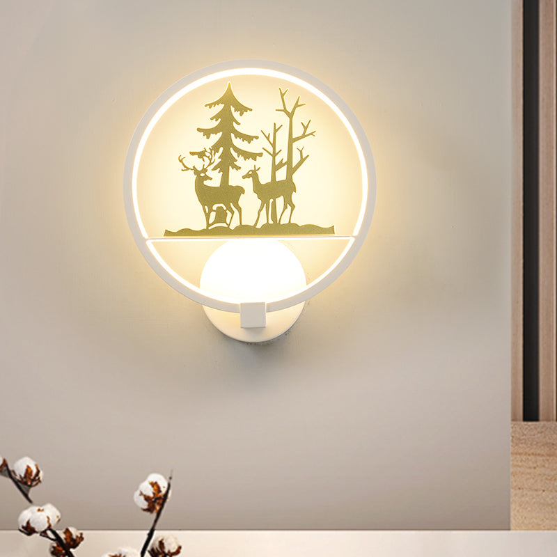 BowLift | Circular Acrylic Moose and Tree Wall Light Nordic Style LED White Wall Mural Lamp for Bedroom