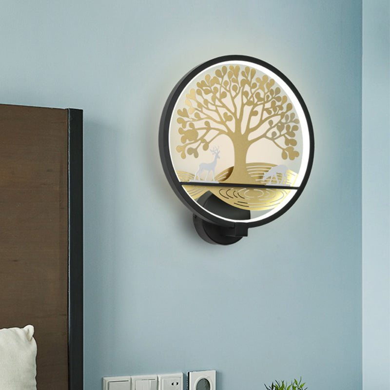 BowLift | Black/White Round Tree Wall-Mounted Lamp Postmodern LED Metal Wall Light for Nightstand, Warm/White Light