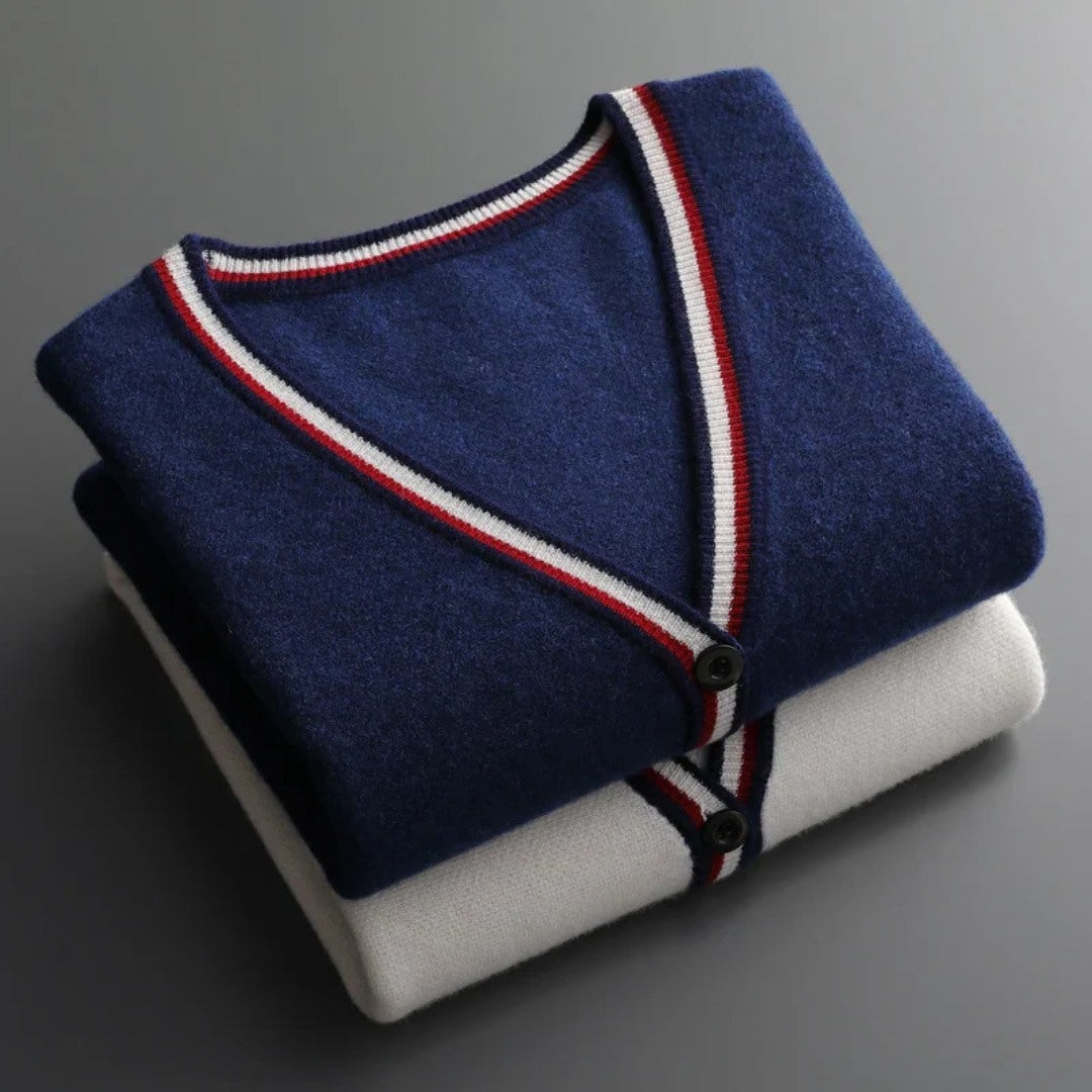 Wool Cardigan with Tricolor Trim