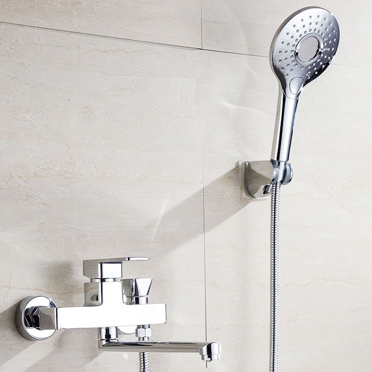 BowLift | Chrome polished bathroom faucet wall-mounted with swivel spout and hand shower
