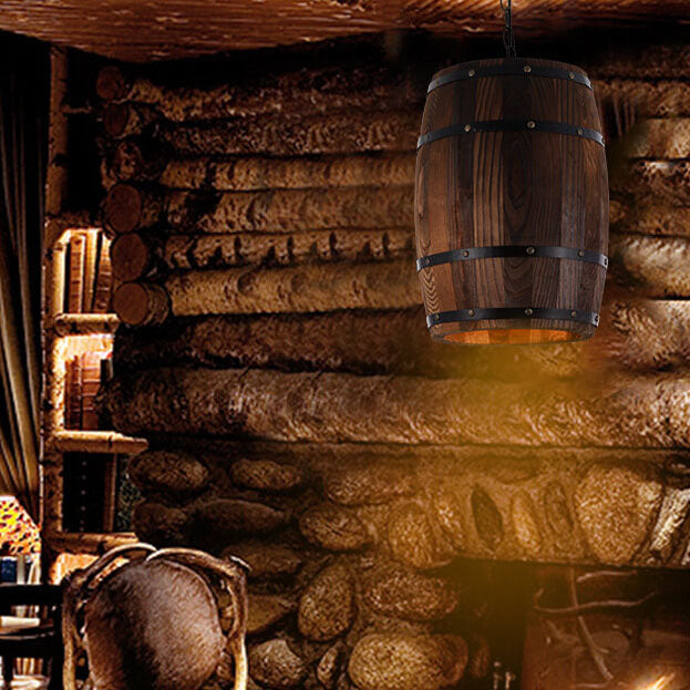 BowLift | BarrelGlow Vintage Pendant Light | Wood Wine Barrel Design | 1-bulb | Rustic Lighting