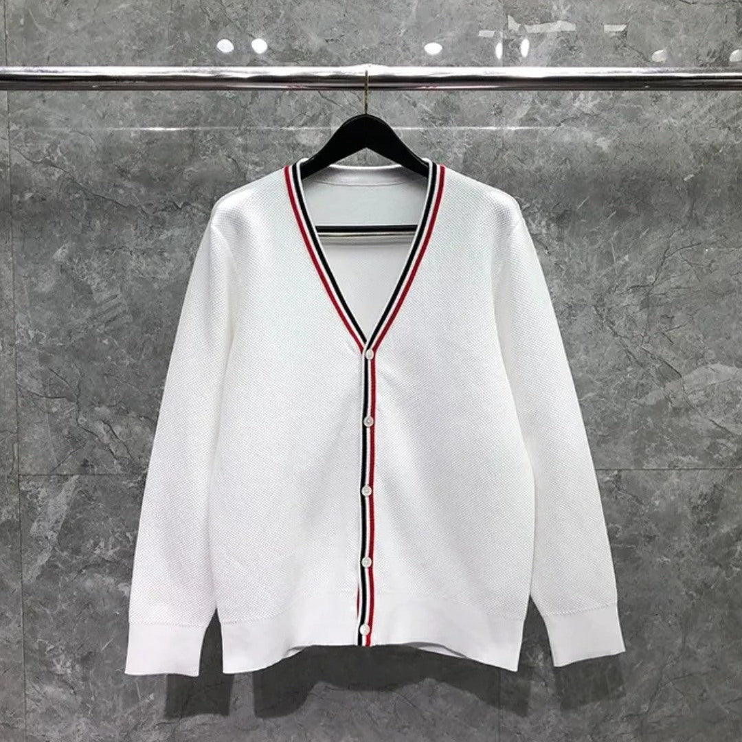 Wool Cardigan with Tricolor Trim