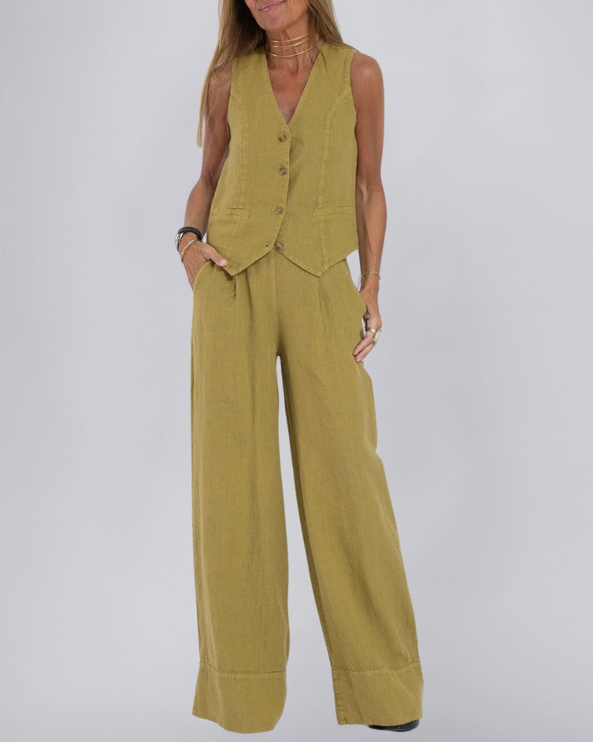 Tailored Linen Vest with Streamlined Fit and Button Detail