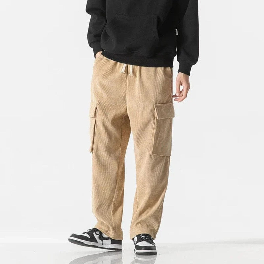 Corduroy Cargo Trousers with Drawstring Waist and Utility Pockets