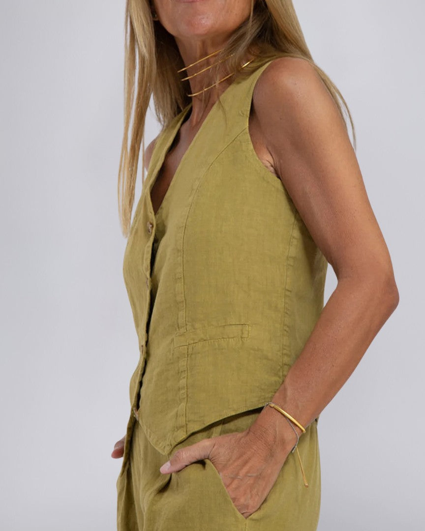 Tailored Linen Vest with Streamlined Fit and Button Detail