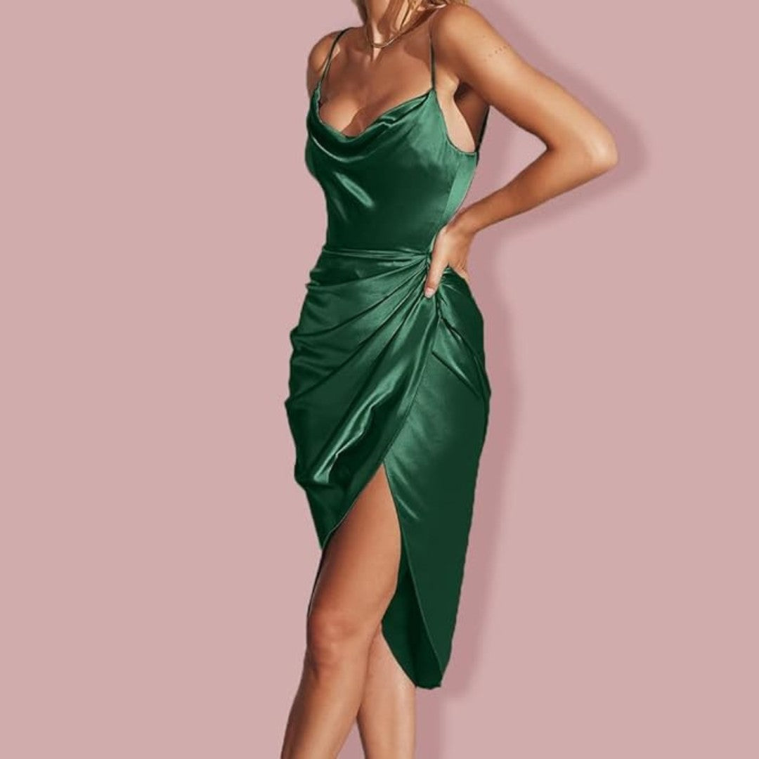 Satin Ruffle Dress with Slim Straps and Elegant Detailing