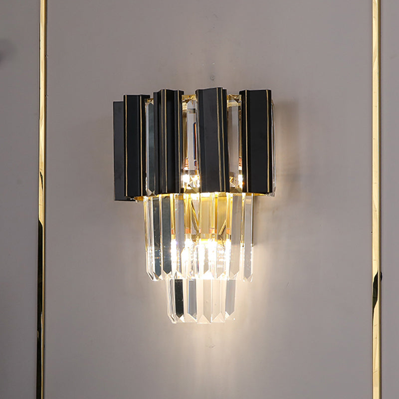 BowLift | 3 Bulbs Clear Crystal Prisms Wall Light Contemporary Black Boxes Conical Bedroom Wall Light