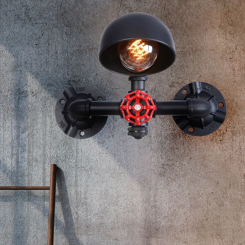 BowLift | Steampunk Dome Wall Lamp Fixture with Valve Wheel 1 Head Metallic Wall Light in Black for Living Room