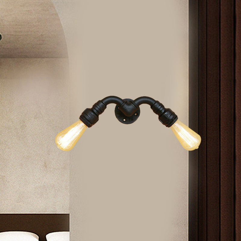 BowLift | Vintage Style Bare Bulb Wall Lamp with Pipe Design 2 Heads Metal Wall Lamp in Black for Indoor