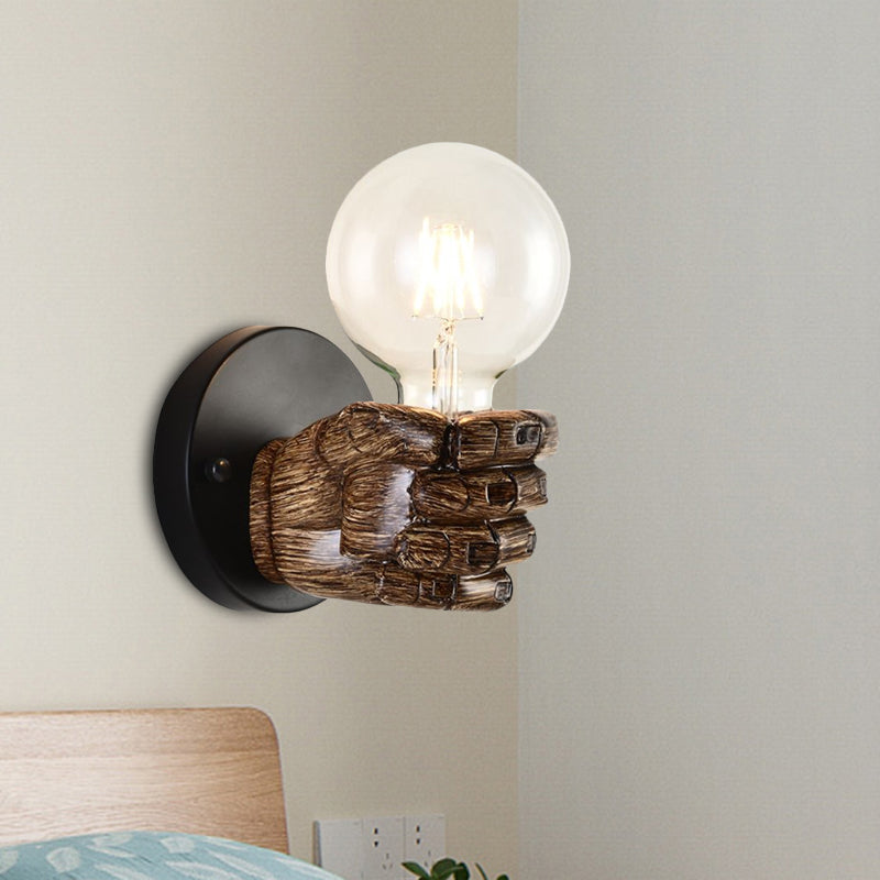 BowLift | Brown Hand Wall Lamp Single Light Retro Wood Wall Lamp with Globe Bulb for Hallway