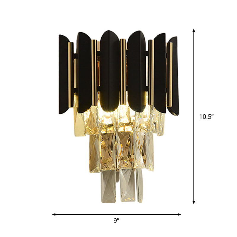 BowLift | Black Finish 2 Heads Wall Light Fixture Modern Clear Faceted Crystals Conical Flush Wall Sconce