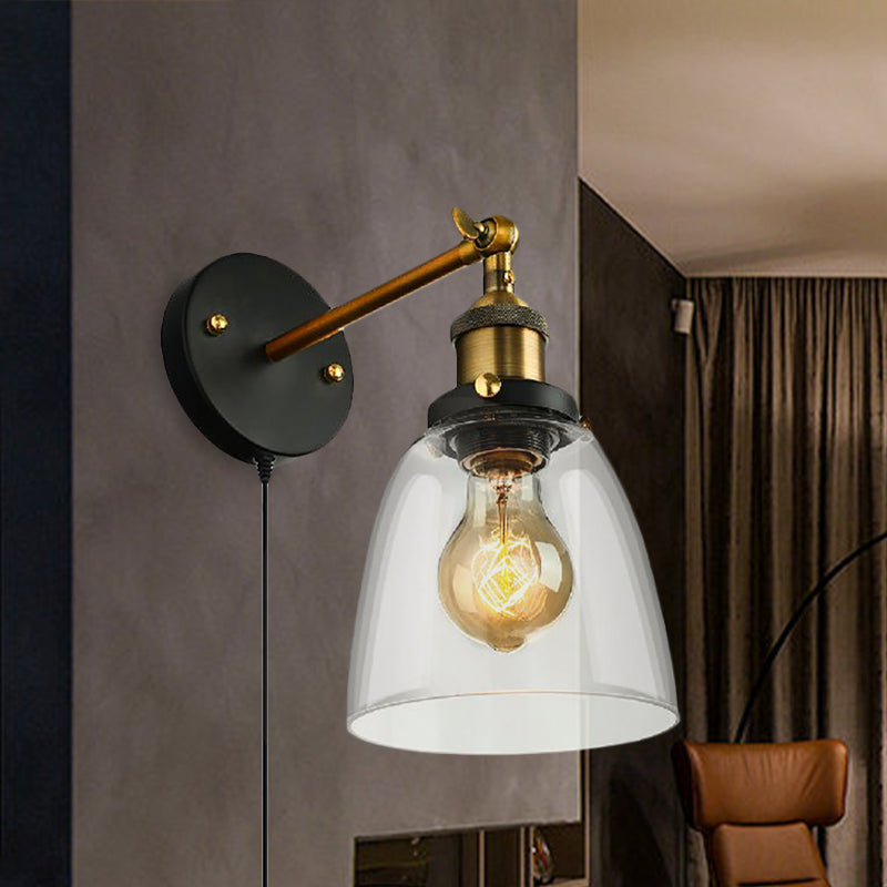 BowLift | Tapered Bedroom Wall Light Lighting Decoration Rustic Clear Glass 1 Light Black Wall Lamp with Plug Cable