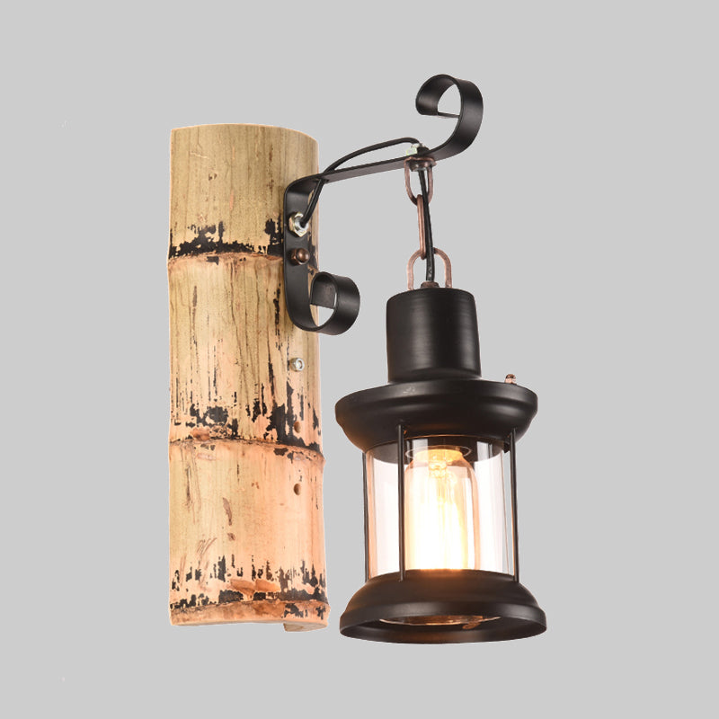 BowLift | A wall lamp with a clear glass lantern in industrial style, wall lamp for the dining room in black with a bamboo backplate