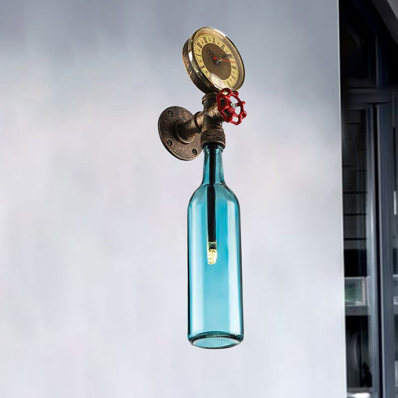 BowLift | Brown/Blue Bottle Wall Sconce Lamp Vintage Stylish Glass 1 Bulb Living Room Wall Lighting with Manometer and Valve