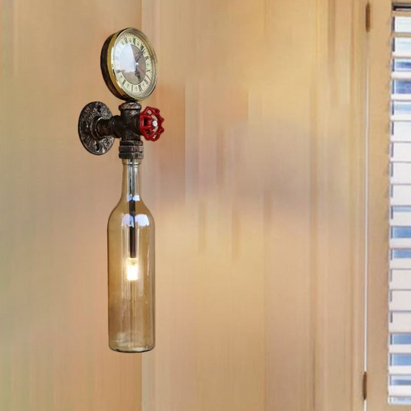 BowLift | Brown/Blue Bottle Wall Sconce Lamp Vintage Stylish Glass 1 Bulb Living Room Wall Lighting with Manometer and Valve