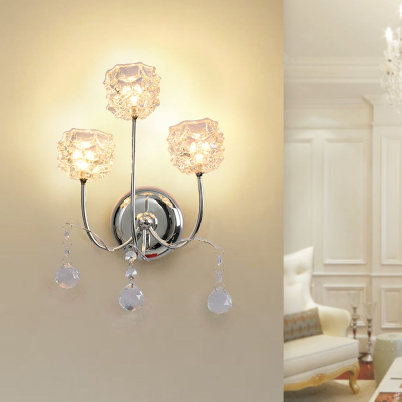 BowLift | Chrome 3 Heads Wall Sconce Contemporary Metal Curvy Arm Wall Lighting with Floral Crystal Shade