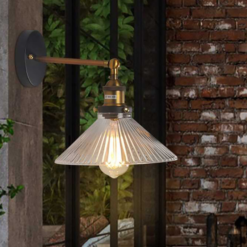 BowLift | Clear Ribbed Glass Cone/Flower Wall Lamp Industrial 1 Light Living Room Lighting Fixture in Brass for Dining Room