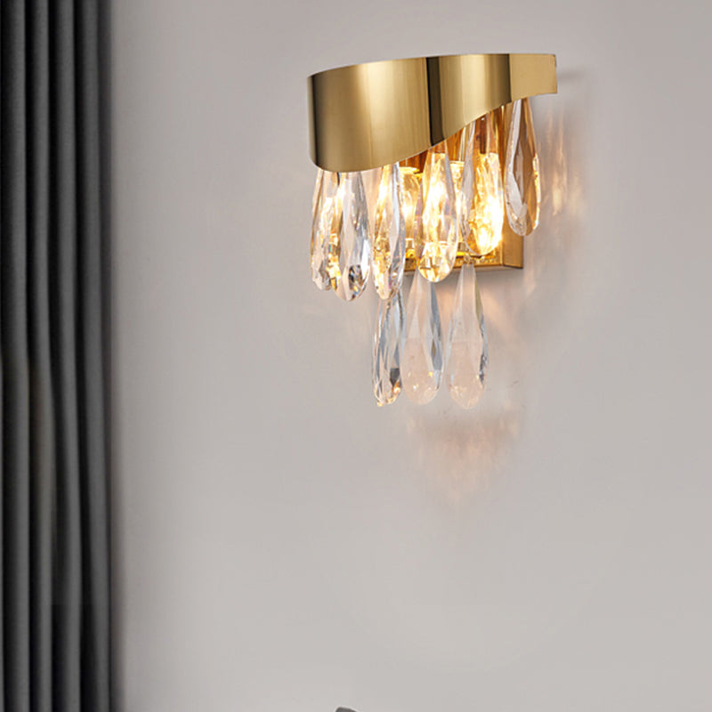 BowLift | Crystal Drop Wall Light Modern 2 Bulbs Surface Wall Sconce in Gold for Indoor Use