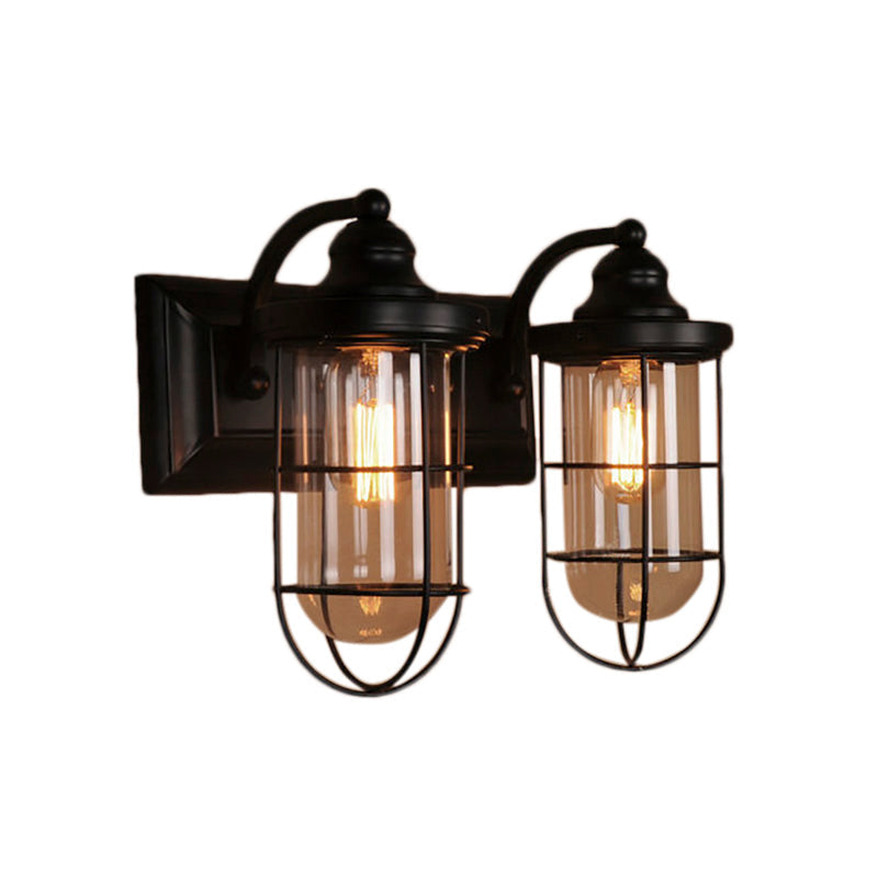 BowLift | Industrial wire cage wall lighting 1/2-lamp clear glass wall lamp in black for stairs.
