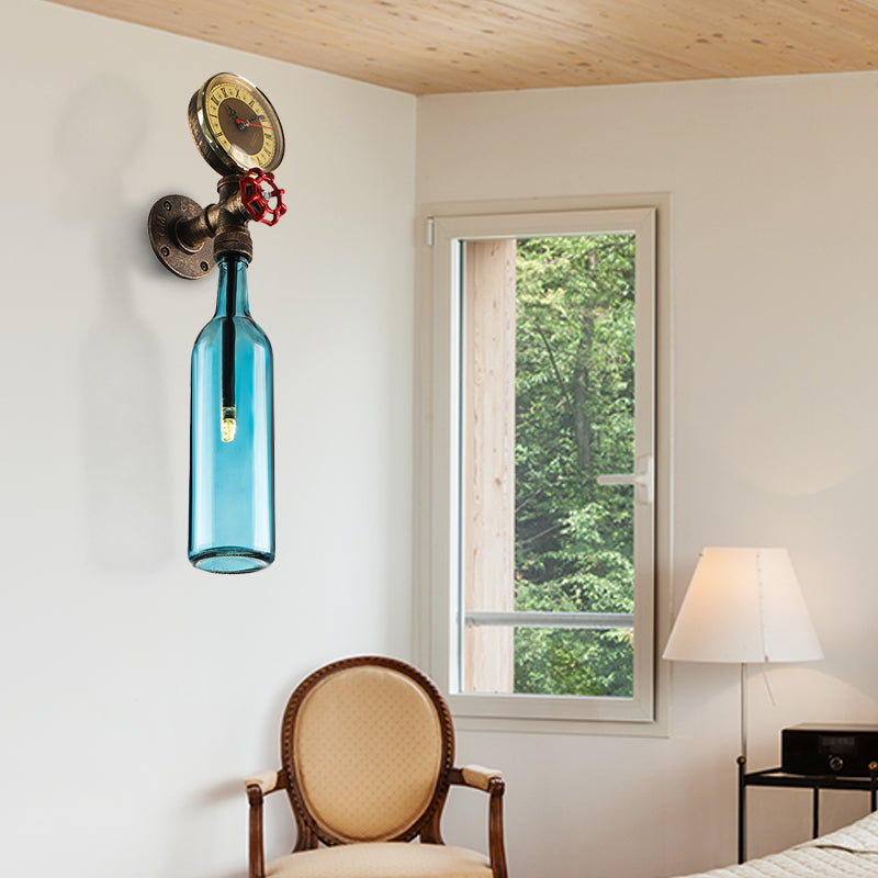 BowLift | Brown/Blue Bottle Wall Sconce Lamp Vintage Stylish Glass 1 Bulb Living Room Wall Lighting with Manometer and Valve