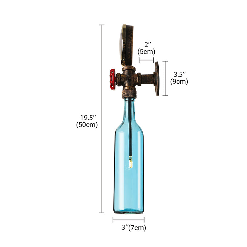 BowLift | Brown/Blue Bottle Wall Sconce Lamp Vintage Stylish Glass 1 Bulb Living Room Wall Lighting with Manometer and Valve