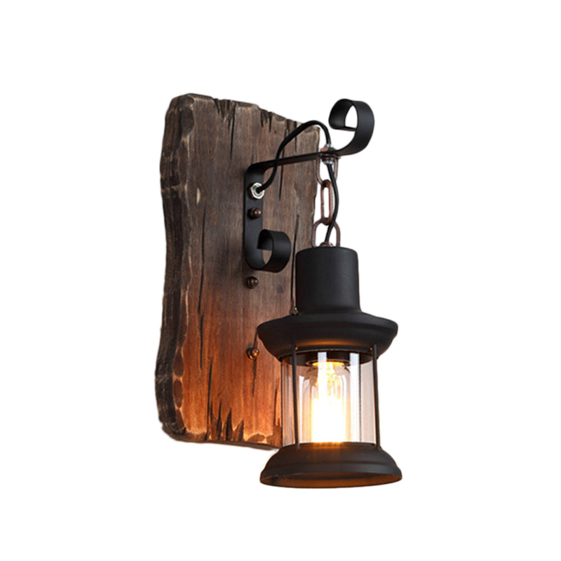 BowLift | Black One-Light Wall Sconce Rustic Clear Glass with Grid Lighting and Wood Back Panel