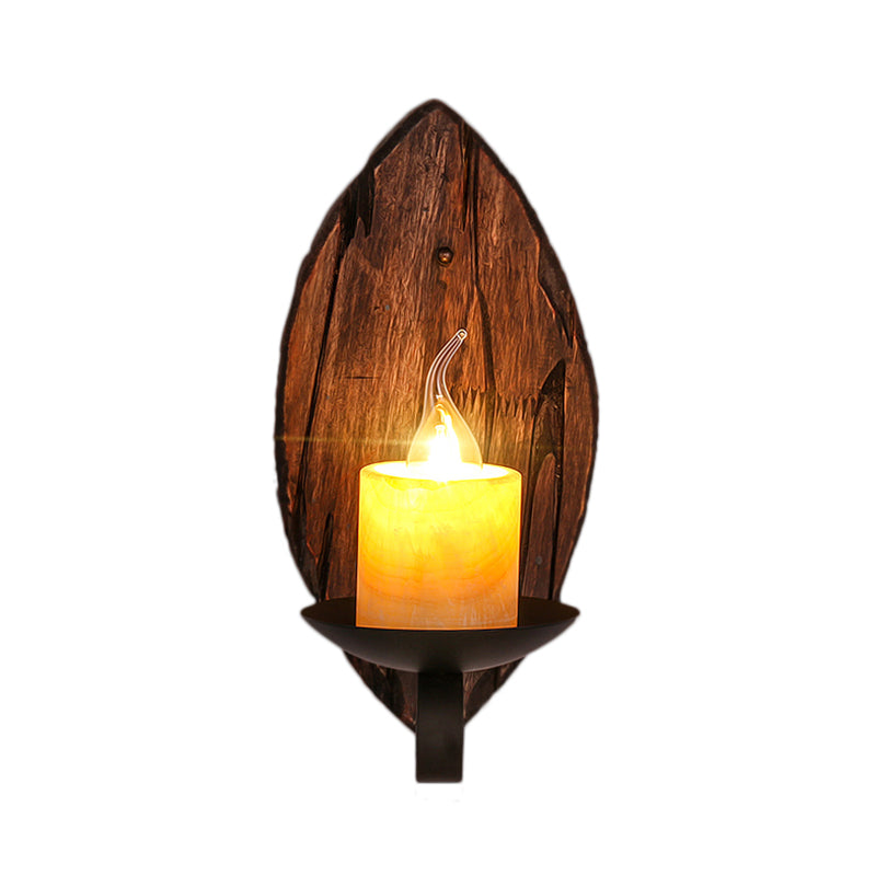 BowLift | Cylinder Coffee Shop Wall Light Fixture Artificial Marble 1 Light Brown Wall Lamp with Wood Semi-Cap/Base/Rectangle Base