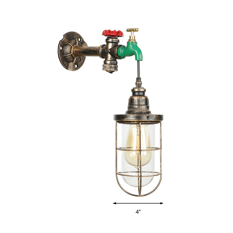 BowLift | Faucet Design Metal Wall Lamp Steampunk Style 1 Bulb Balcony Wall Light with Wire Protection in Antique Bronze