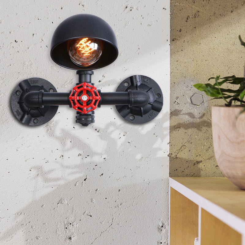 BowLift | Steampunk Dome Wall Lamp Fixture with Valve Wheel 1 Head Metallic Wall Light in Black for Living Room