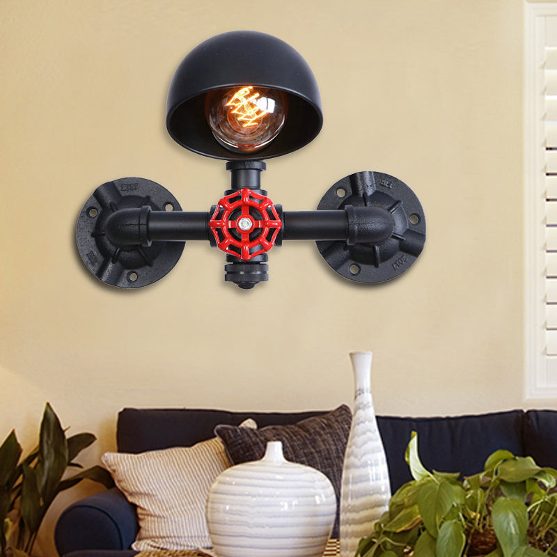 BowLift | Steampunk Dome Wall Lamp Fixture with Valve Wheel 1 Head Metallic Wall Light in Black for Living Room