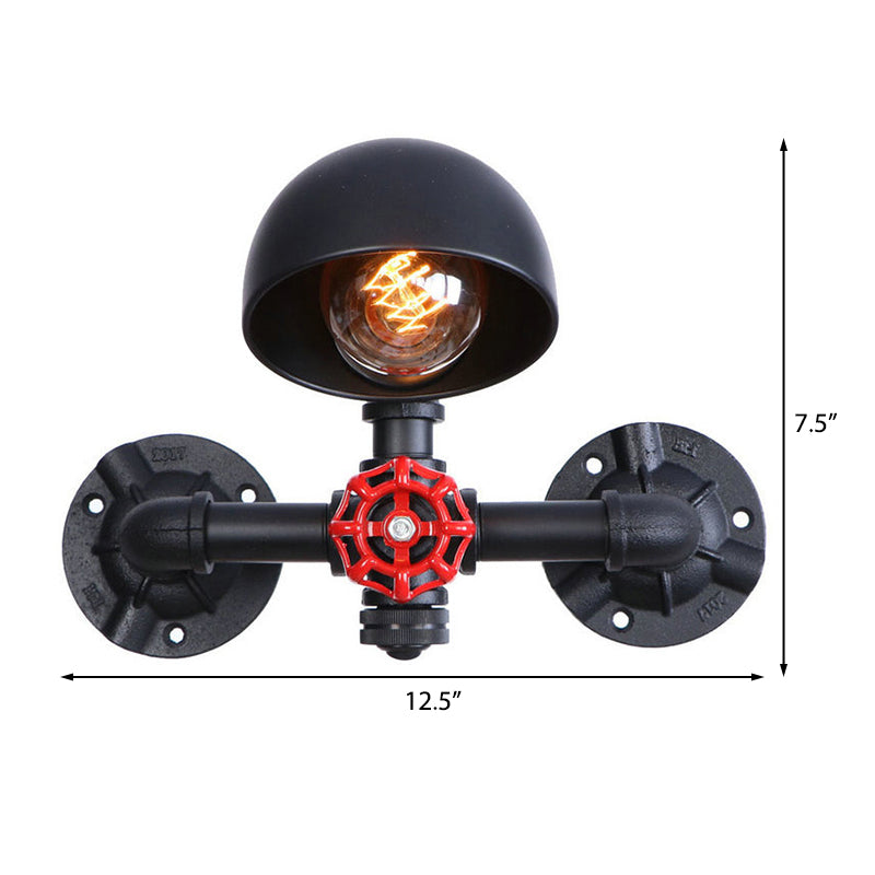 BowLift | Steampunk Dome Wall Lamp Fixture with Valve Wheel 1 Head Metallic Wall Light in Black for Living Room