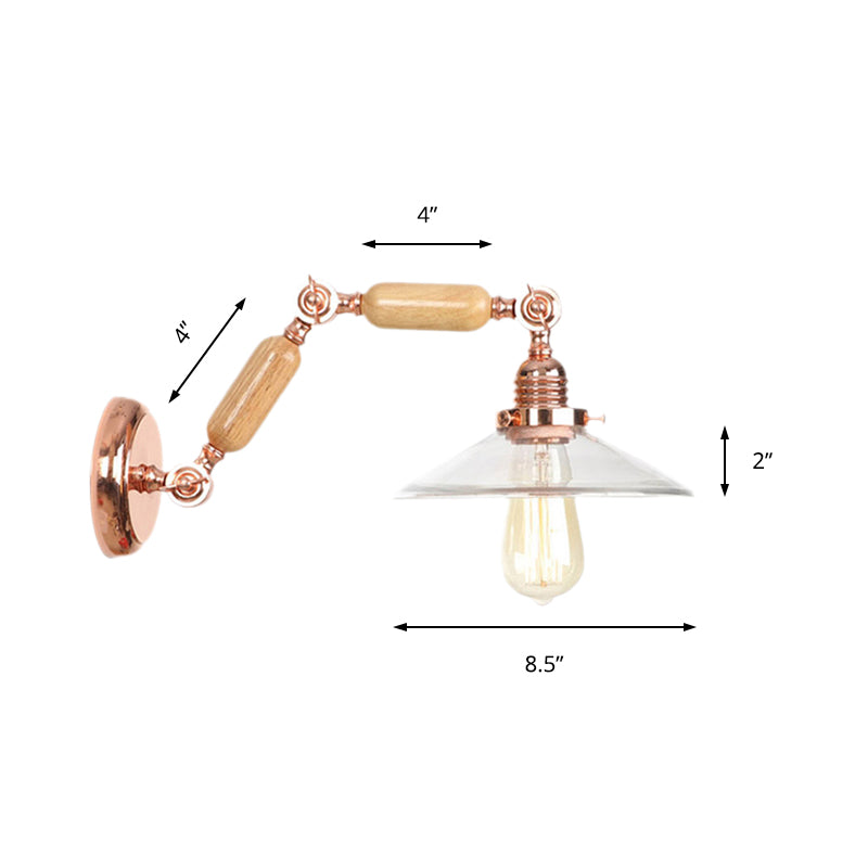 BowLift | Clear Glass Wood Wall Light Cone 1-Light Industrial Wall Lamp with Extendable Arm