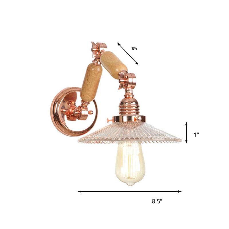 BowLift | A wall light with a light bulb and conical shade made of clear prismatic glass, industrial wall lamp for the living room with curved arm