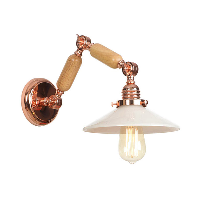 BowLift | White glass conical wall lamp industrial 1 light living room lighting fixture with retractable arm