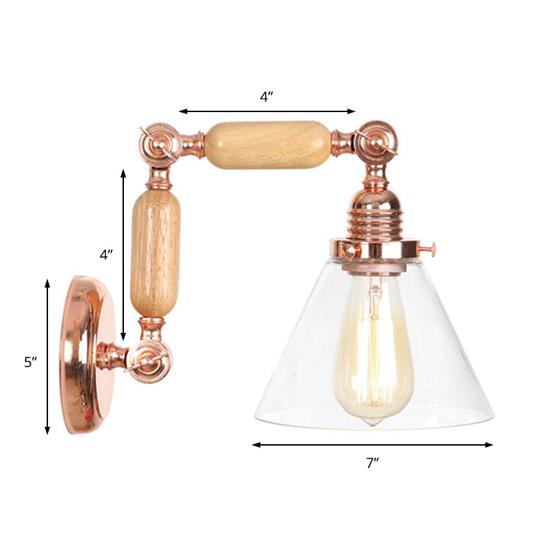 BowLift | Cone Shade Bedroom Wall Lamp Vintage Clear Glass 1 Light Wooden Wall Lamp with Long Arm