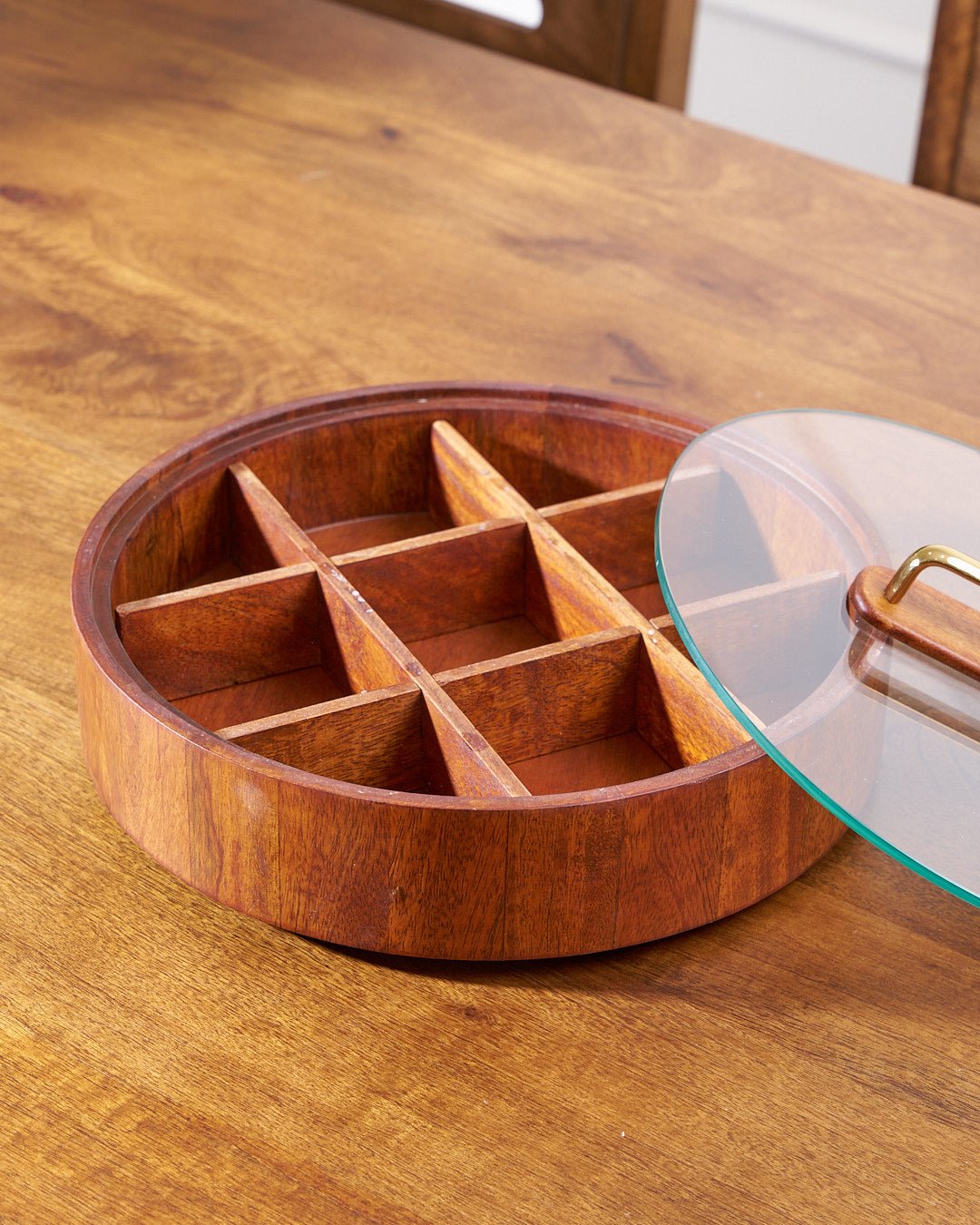 BowLift | BambooSpin – 9-Compartment Serving Tray with Rotating Lid | Premium Bamboo Snack Platter