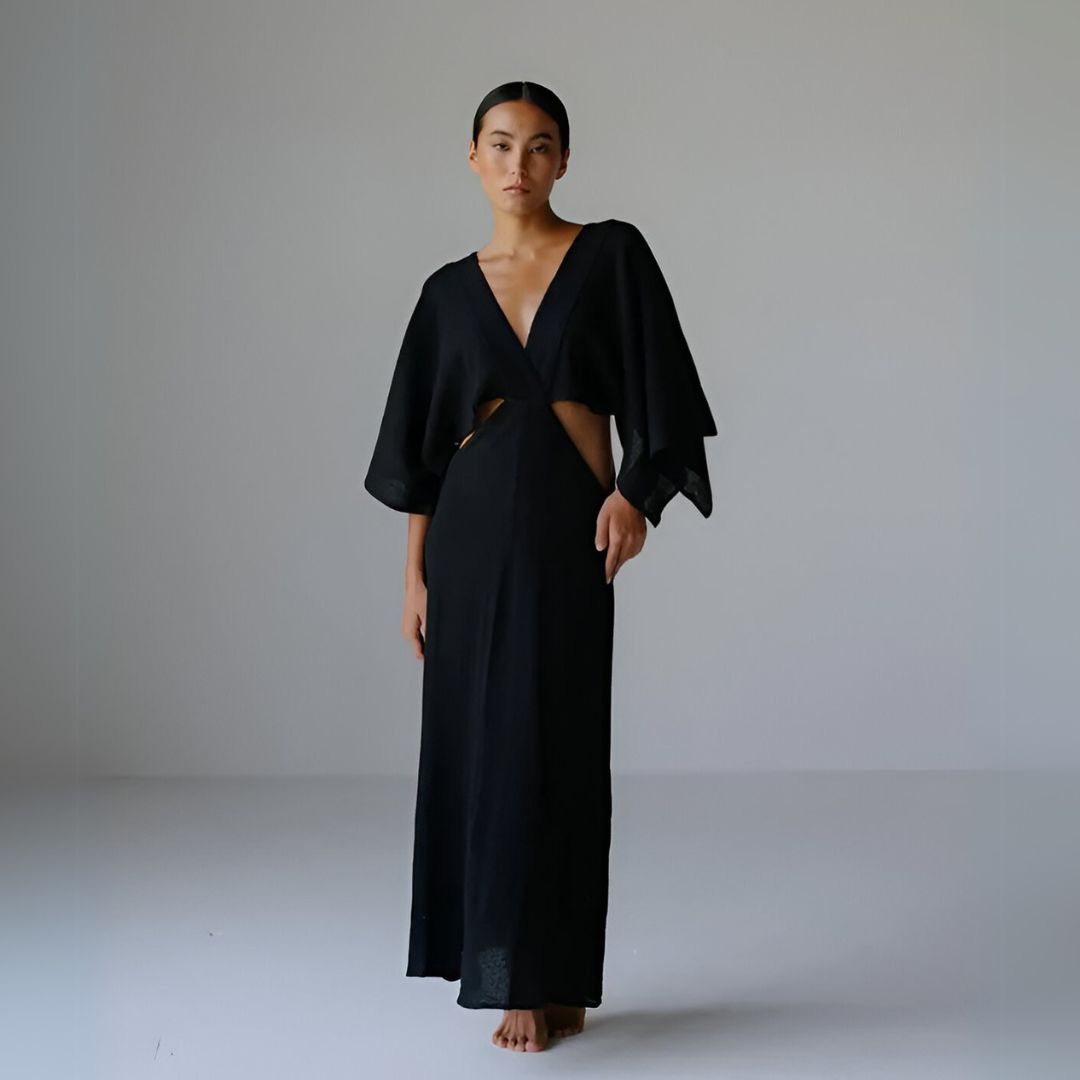 Maxi Dress with V-Neckline, High Slit, and Cut-Out Waist