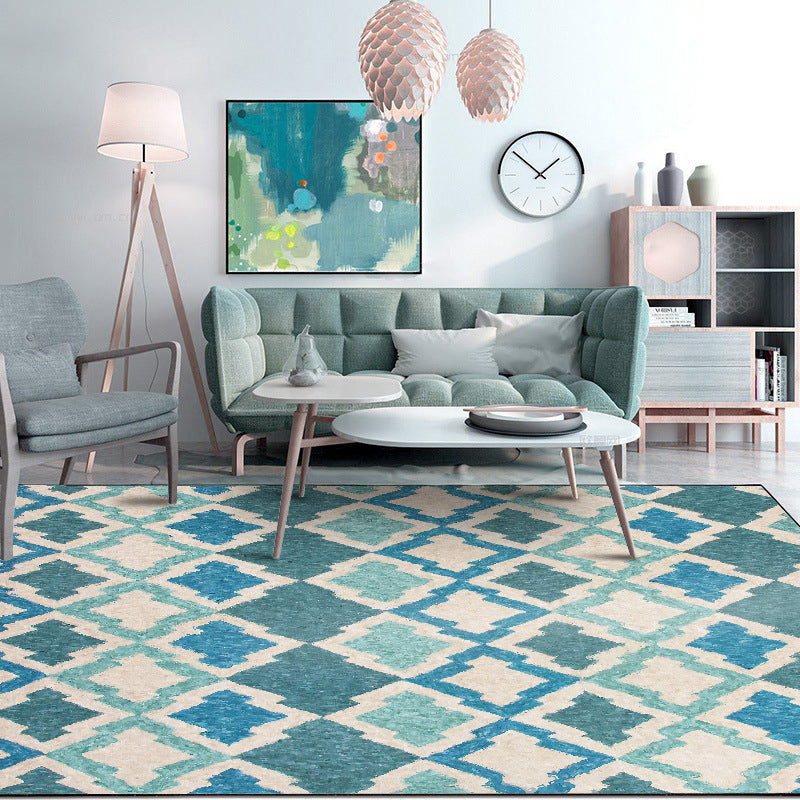 BowLift | Geometric Southwest Rug Blue Diamond Trellis Rug Anti-slip Back Power Loom Indoor Rug