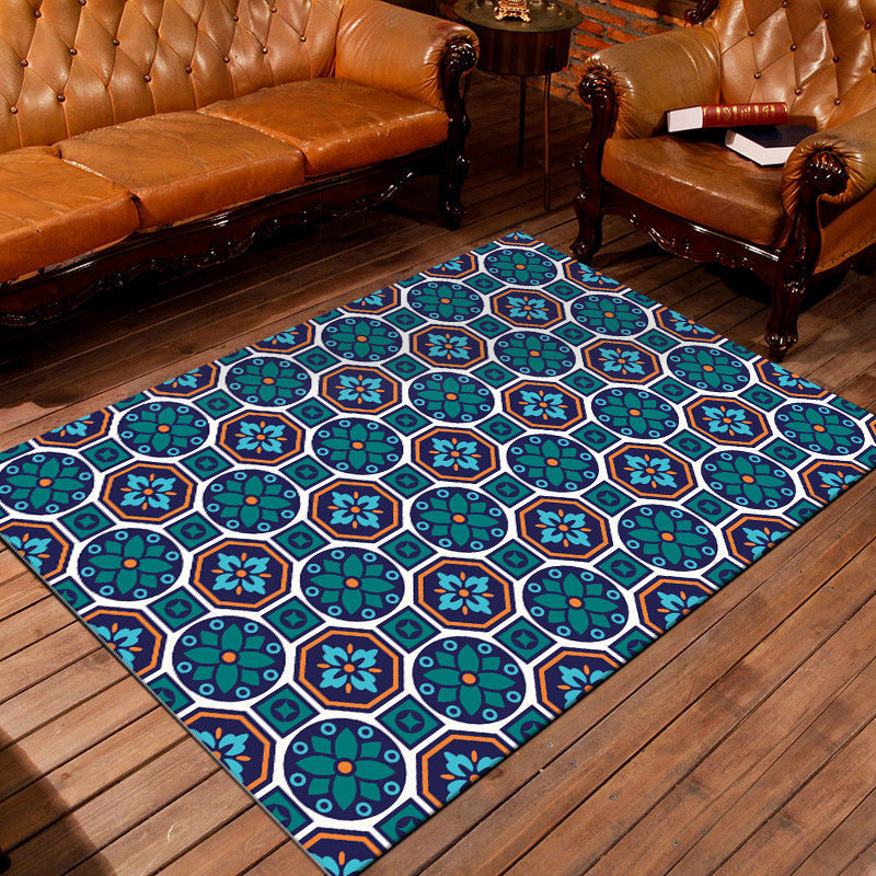 BowLift | Eastern geometric floral pattern rug in green Moroccan rug polyester non-slip backing rug for bedroom