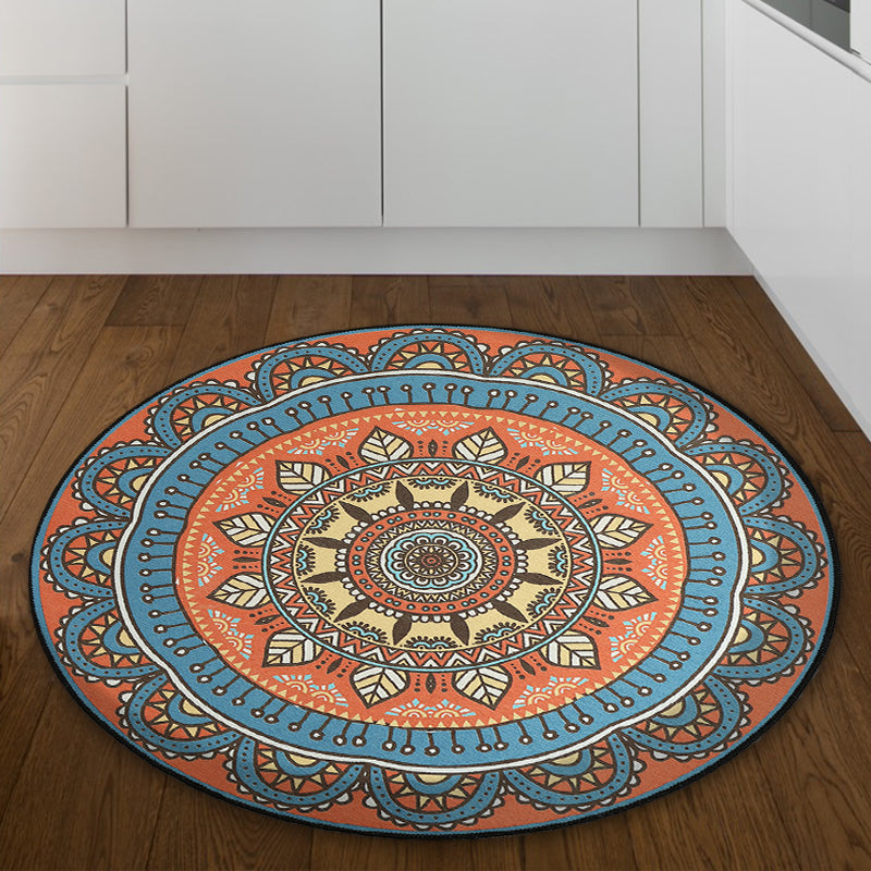 BowLift | Blue and Orange Tribal Carpet with Leaf Polyester Southwestern Print Non-Slip Back Carpet for Bedroom