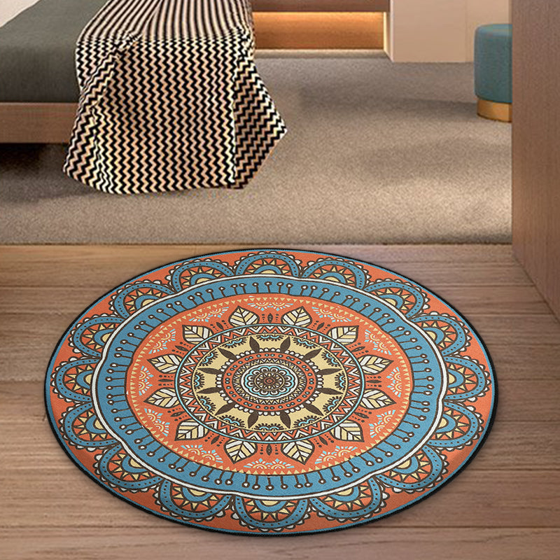 BowLift | Blue and Orange Tribal Carpet with Leaf Polyester Southwestern Print Non-Slip Back Carpet for Bedroom