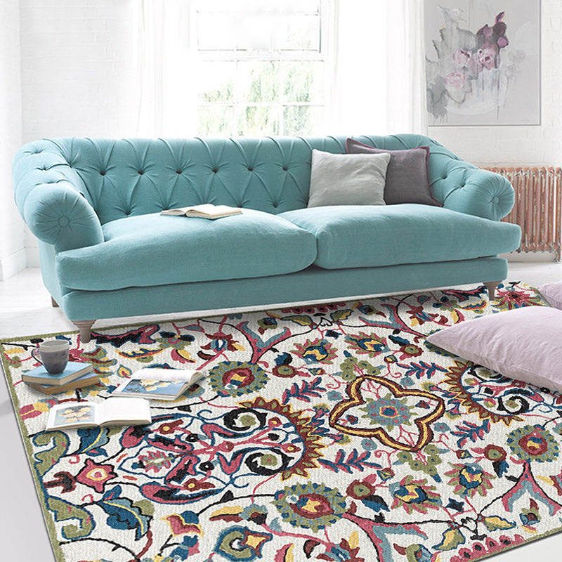 BowLift | White Moroccan carpet Polyester flower leaf pattern carpet non-slip back carpet for home decoration