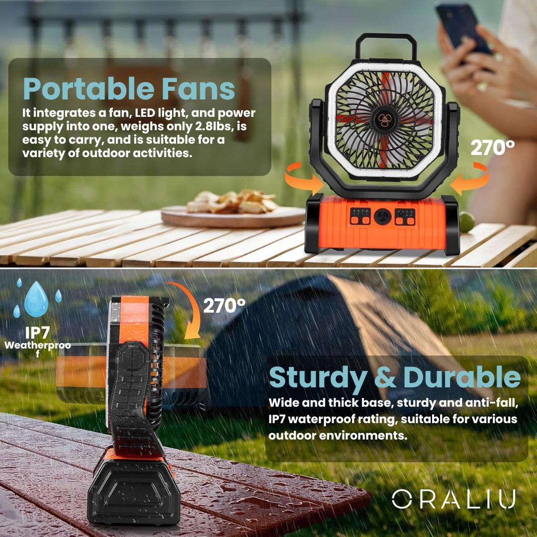 BowLift | 3-in-1 Camping Fan with LED Light & 20000mAh Power Bank – USB Rechargeable & Wireless